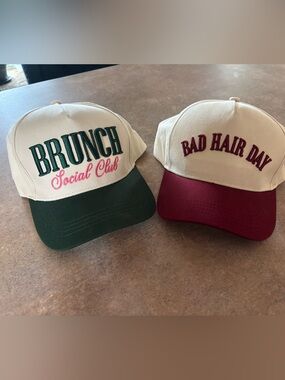 Kirklands Cream Trucker Hats with Green and Red Brims